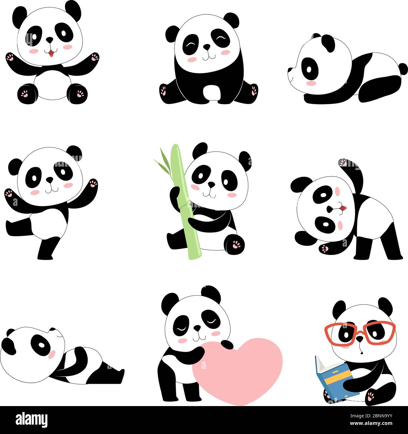 Niedliche Panda-Charaktere. Chinesische Bär Neugeborene glücklich Pandas Spielzeug Vektor Maskottchen Design isoliert Stock Vektor