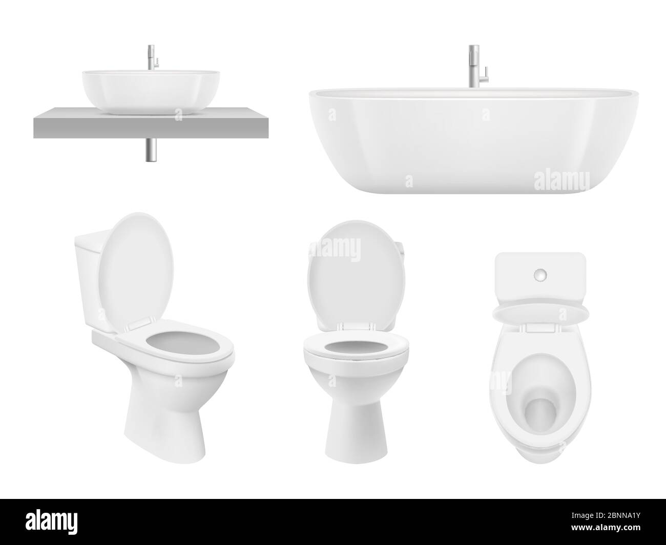 Realistische Badezimmer Kollektion. WC, Waschtisch Schüssel Bad Waschbecken sauber weiß für frische Waschbecken. Vektorbilder Stock Vektor