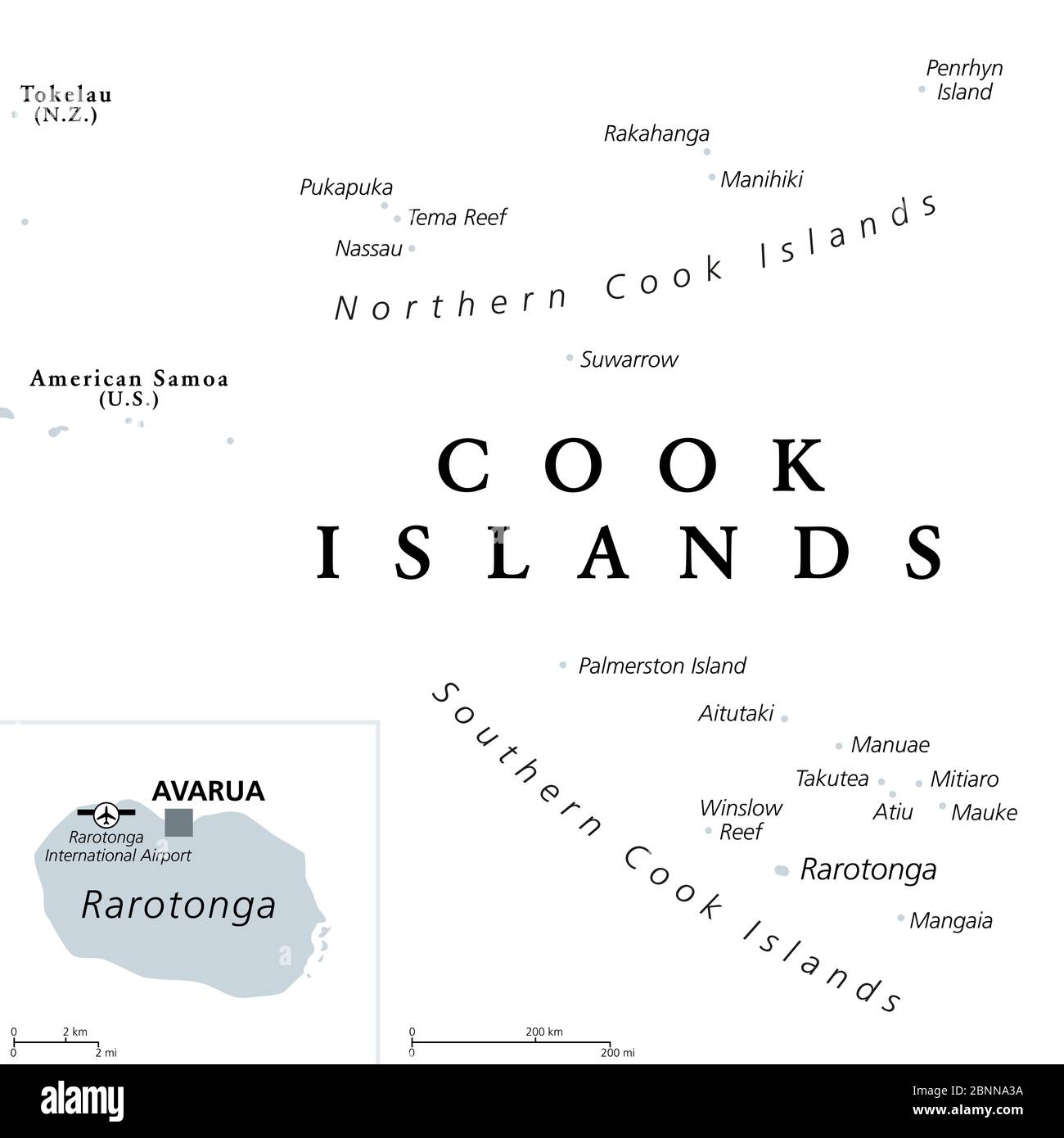 Cook Inseln, graue politische Karte mit Hauptstadt Avarua. Selbstverwaltendes Inselland im Südpazifik in freier Verbindung mit Neuseeland. Stockfoto