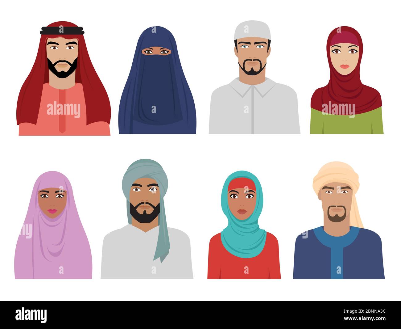 Arabische Nationalkleidung. Islamische iranische türkische und arabische Mode für Männer und Frauen Kopftuch Hijab und Kleider Vektor-Illustrationen Stock Vektor
