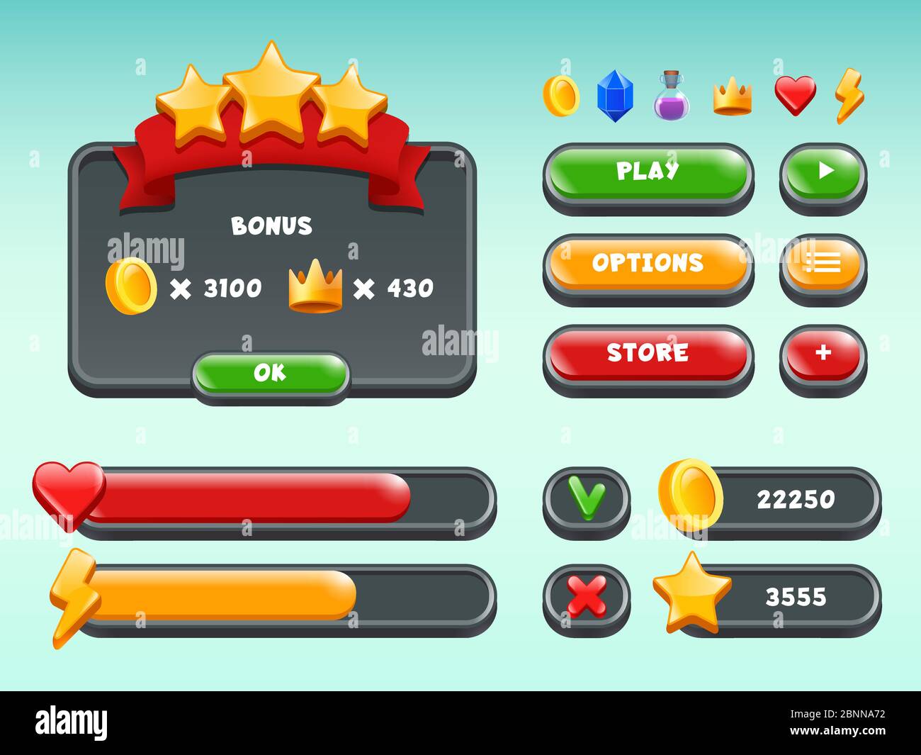 Spiele gui gesetzt. Symbole und Elemente der Benutzeroberfläche für mobile Spiele farbige Schaltflächen Statusleiste Bänder beiläufige Build-Vektoren Stock Vektor