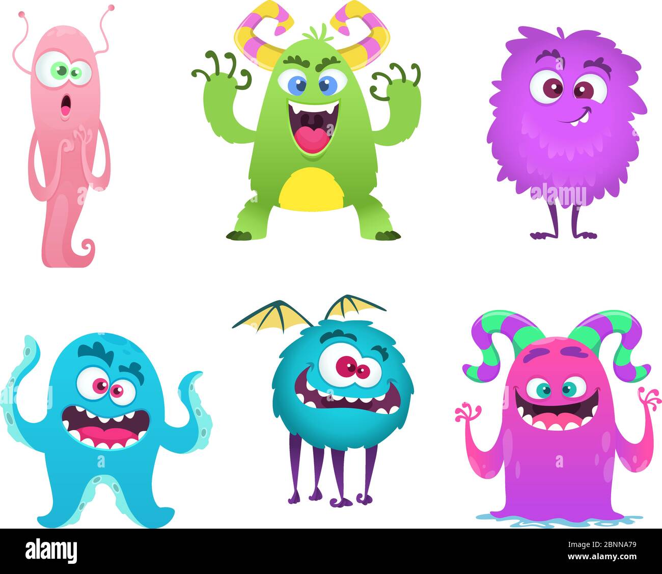 Monster Maskottchen. Pelzigen niedlichen Gremlin Troll bizarre lustige Spielzeug Vektor Cartoon Figuren isoliert Stock Vektor