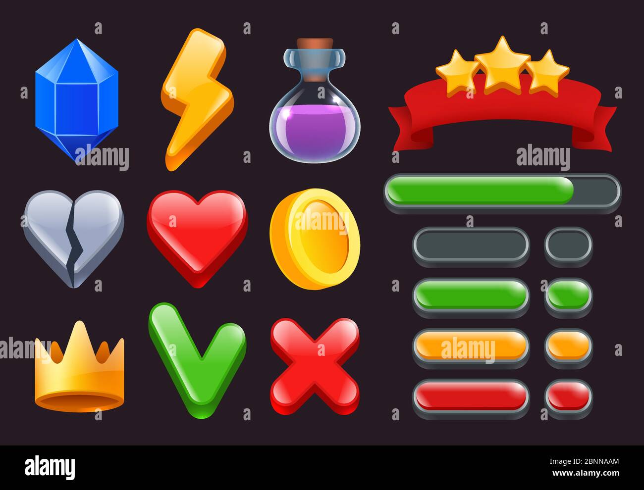Symbole für das UI-Kit des Spiels. Sterne farbige Bänder Menüs und Statusleisten für Online-Web-oder Smartphone-Spiele Schnittstellen Vektor 2d-Symbole Stock Vektor