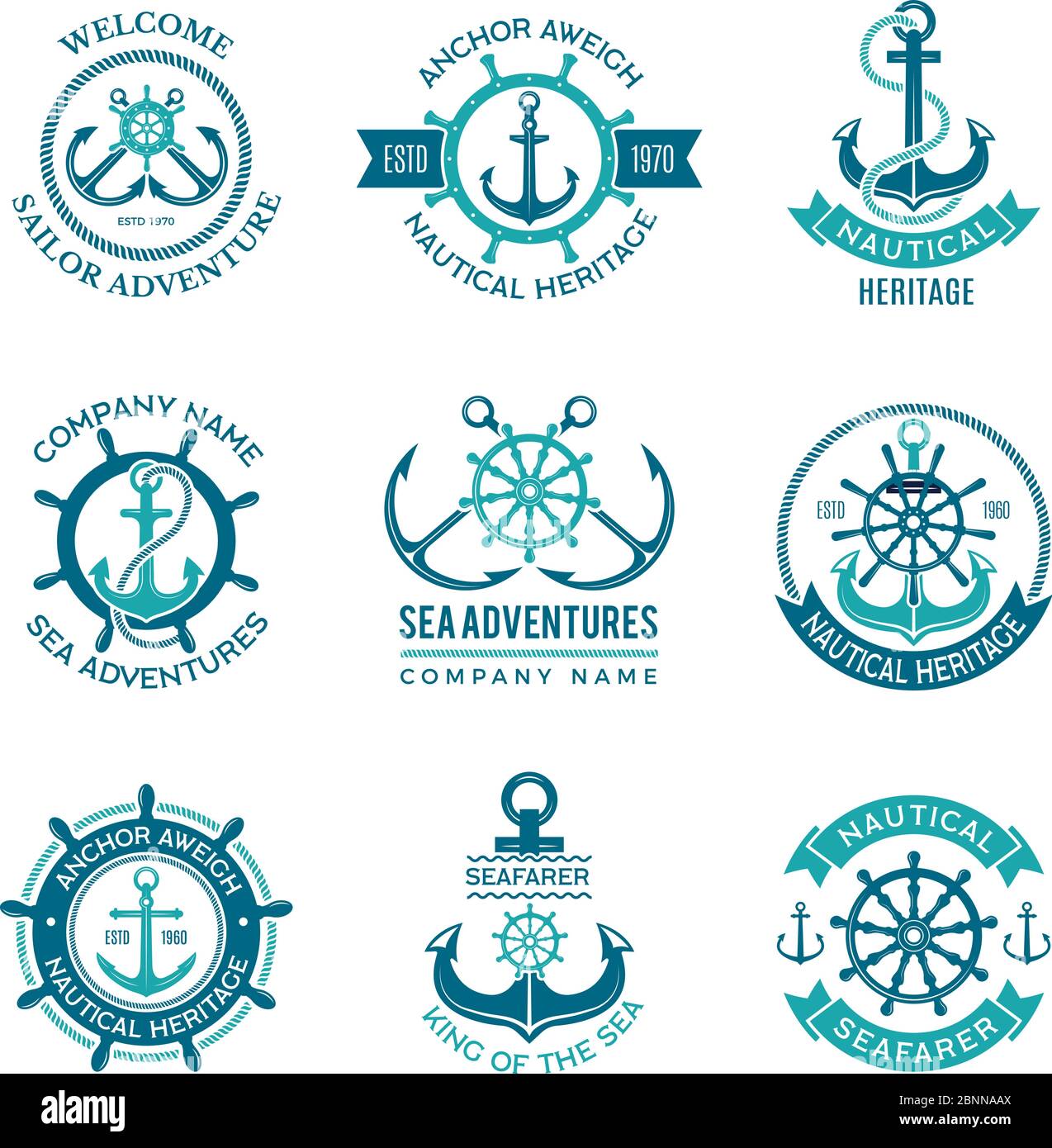 Marine-Logo. Nautisches Vektor-Emblem mit Schiffsankern und Lenkrädern. Kreuzfahrtschiff Seemann monochrome Symbole für Abzeichen Stock Vektor
