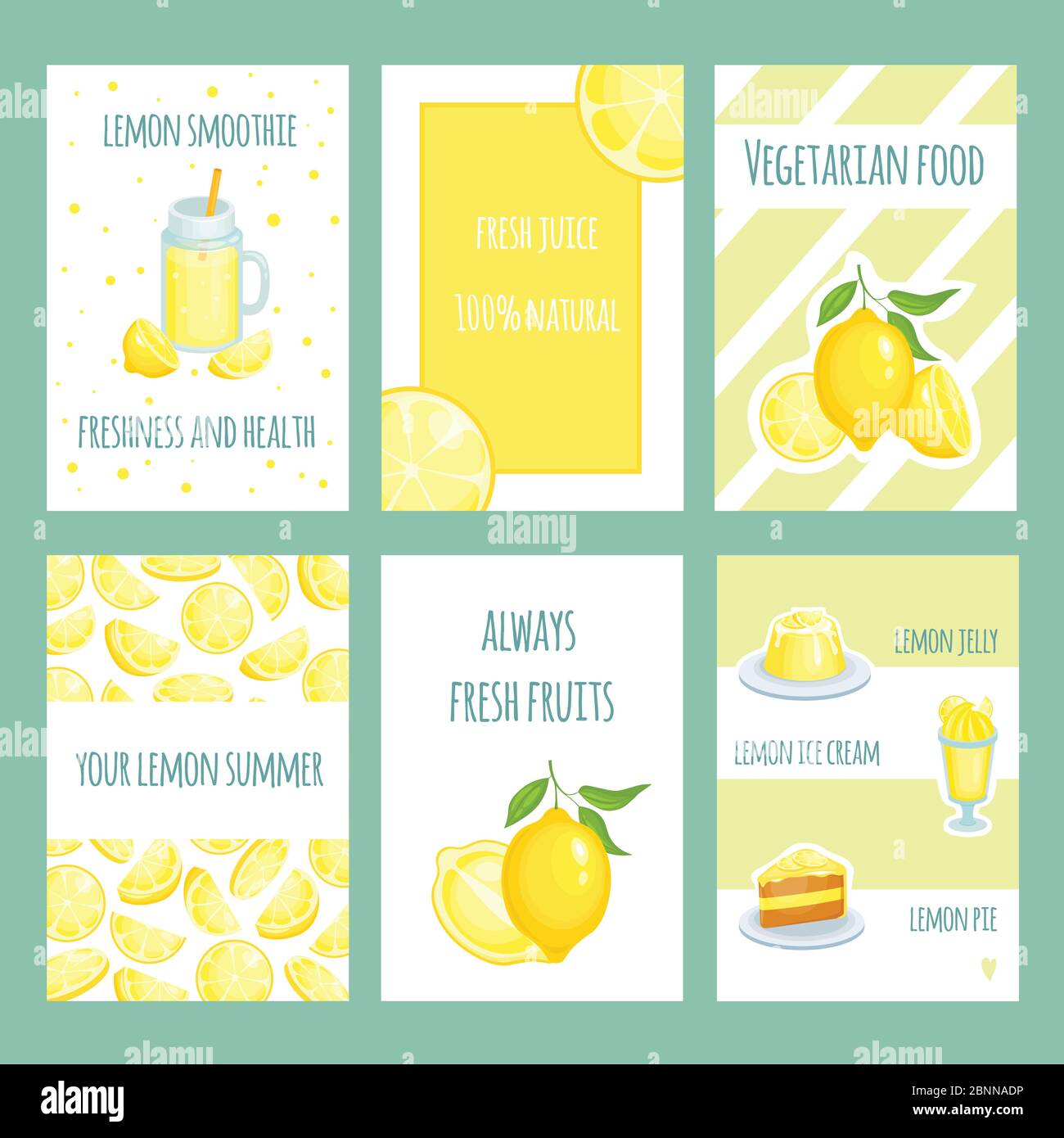 Frische Zitronenkarten. Limonade und Zitronensaft mit geschnittenen und frischen Früchten. Vektor Retro Vorlage Stock Vektor