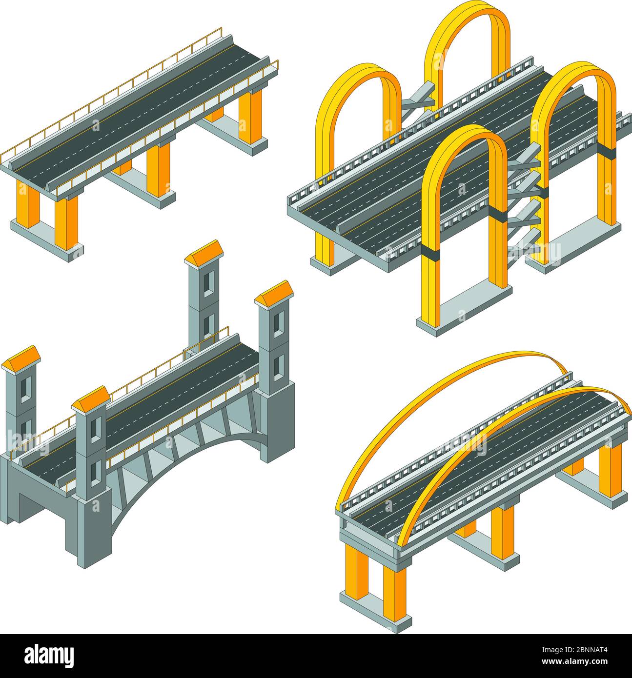 Brücke isometrisch. City Schnellstraße Verkabelung städtischen Auto Infrastruktur Viaduct 3d Vektor Low Poly Sammlung Stock Vektor