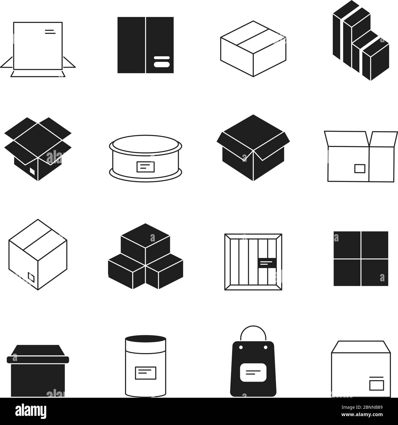 Box-Symbole. Holz und Pappe Stapel Export-Boxen geöffnet und geschlossen Vektor einfach Icon Set Stock Vektor