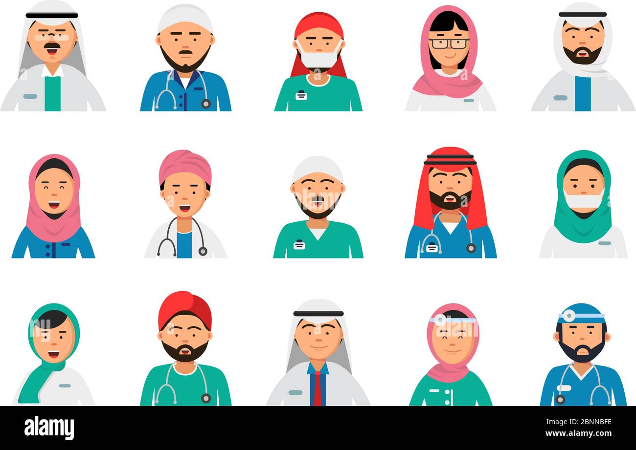 Arabische Ärzte Avatare. Zahnarzt Krankenschwestern männlich und weiblich arabisch muslimischen islam Krankenhaus Personal Vektor Gesundheitsberufe Stock Vektor