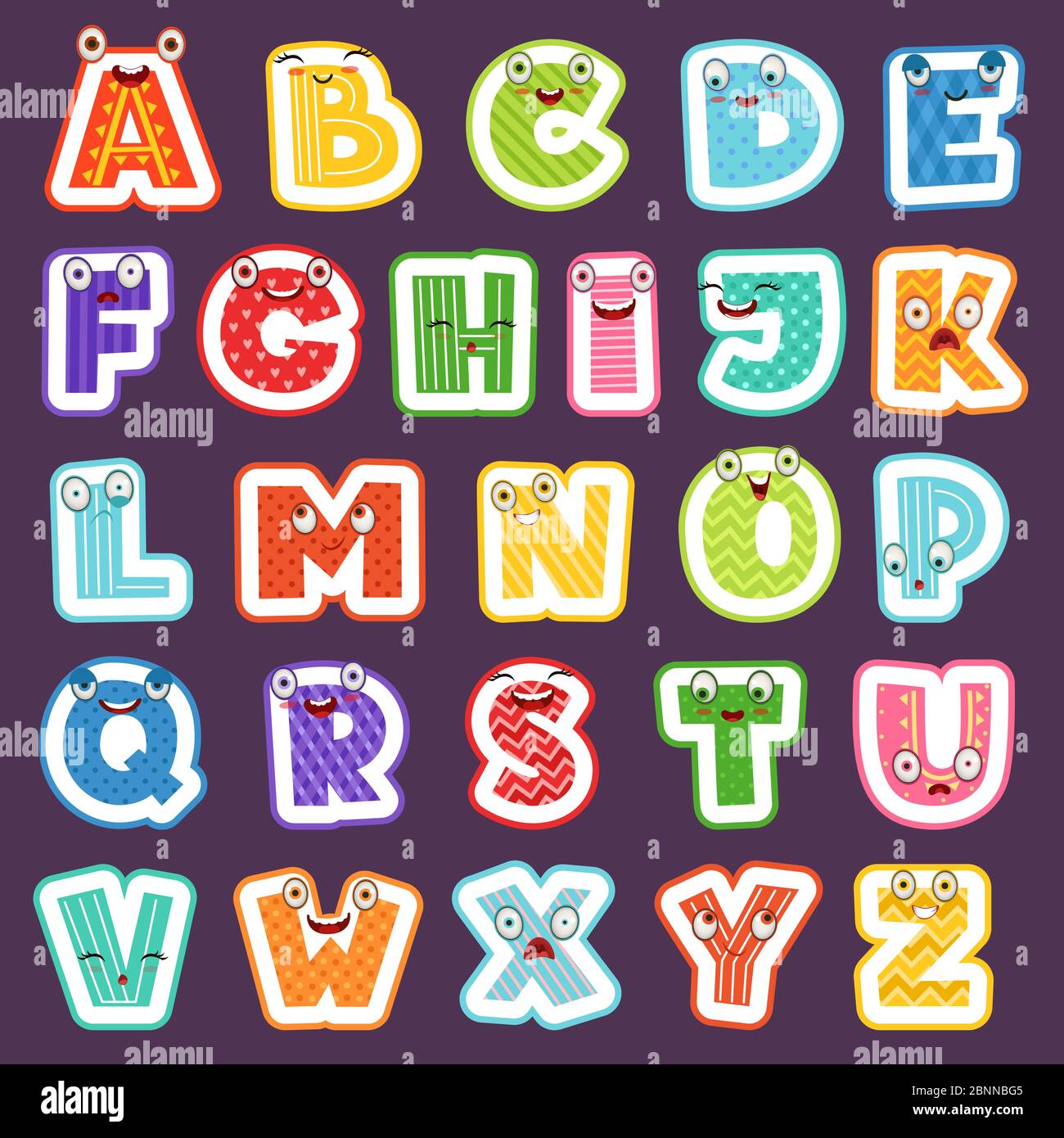 Cartoon Alphabet mit Emotionen. Farbige niedliche Schriftart Zeichen Buchstaben Symbole Zeichen und Zahlen Vektor-Alphabet für Kinder Stock Vektor