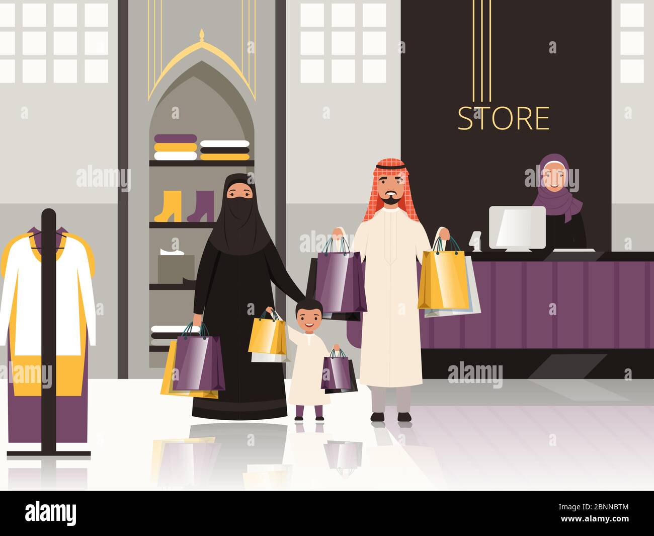 Saudi-Arabien auf dem Markt. Arabische Familie Kasse im Lebensmittelgeschäft oder Supermarkt Geld für Lebensmittel Vektor Cartoon Hintergrund bezahlen Stock Vektor
