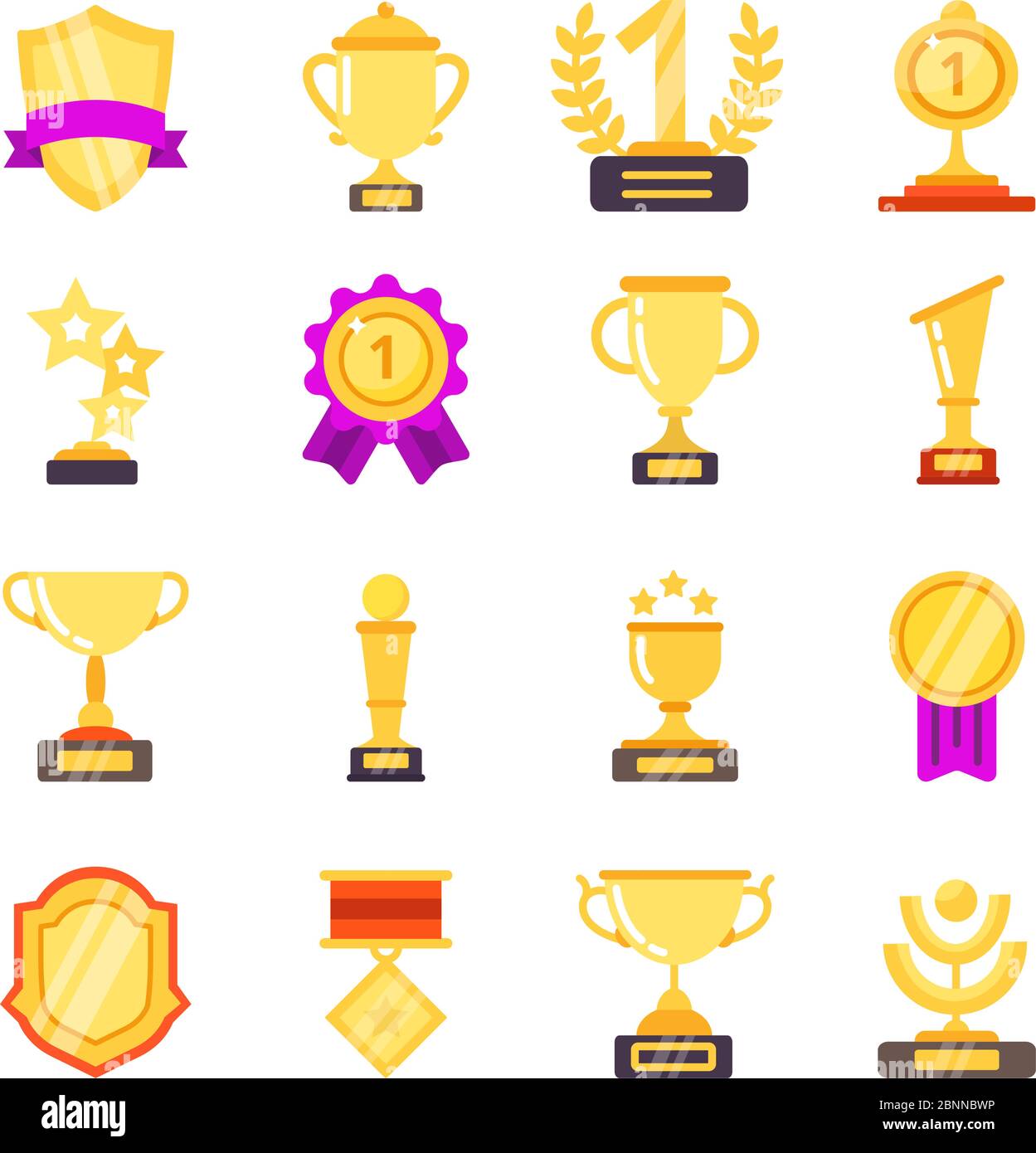 Trophäensymbole. Achievement Auszeichnungen Medaillen mit Bändern für Gewinner Sport Sieg Vektor flache Symbole Stock Vektor