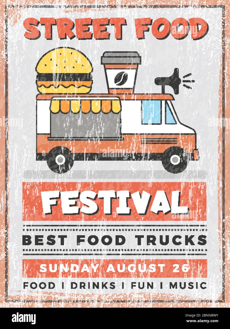 Food Street Festival. Küche im Auto mobile Van Outdoor schnelle Catering Lieferung Vektor Vintage Poster Design Stock Vektor