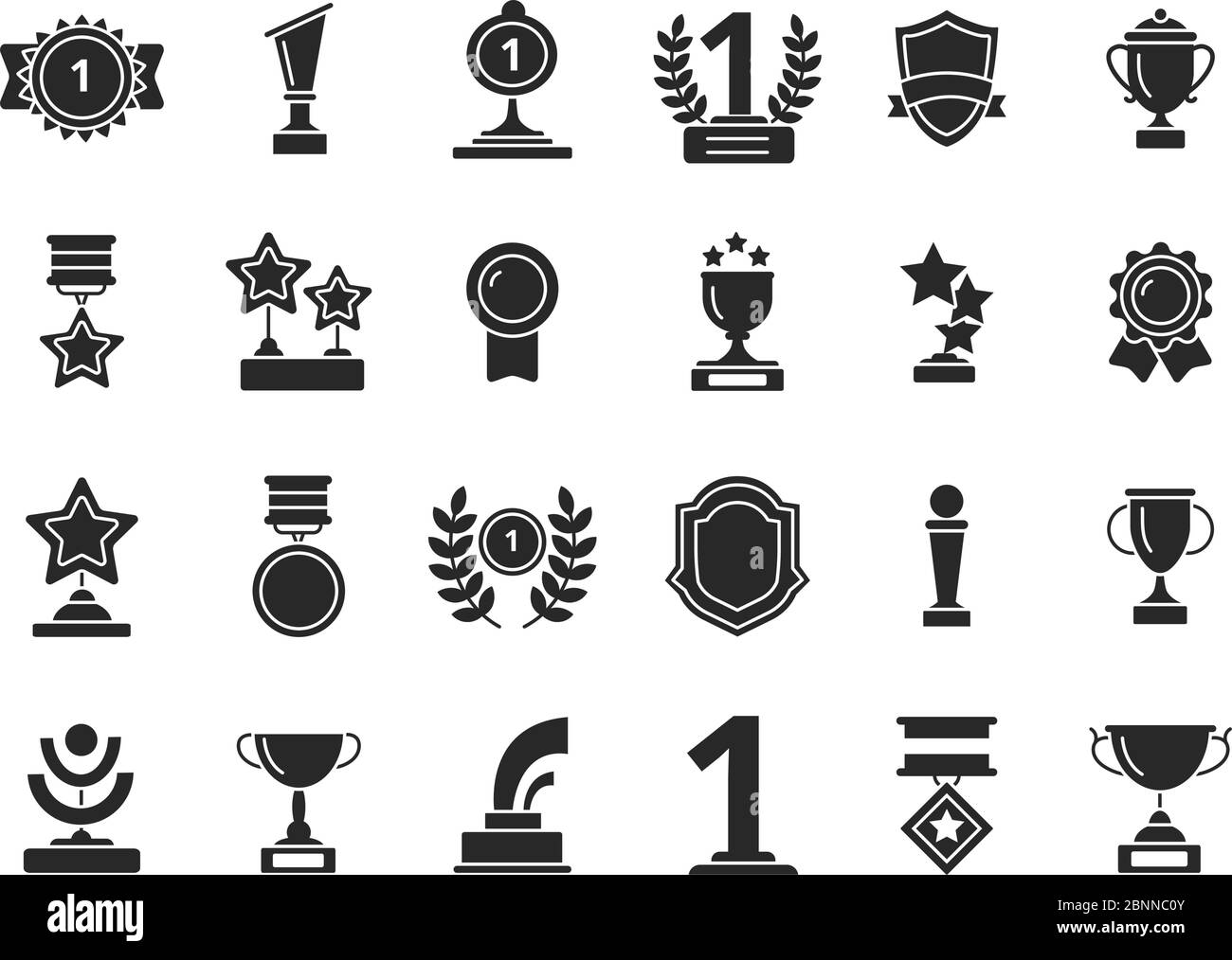 Symbole für Trophäen der Gewinner. Cups Auszeichnungen Medaillen mit Bändern Vektor schwarze Silhouetten isoliert Stock Vektor