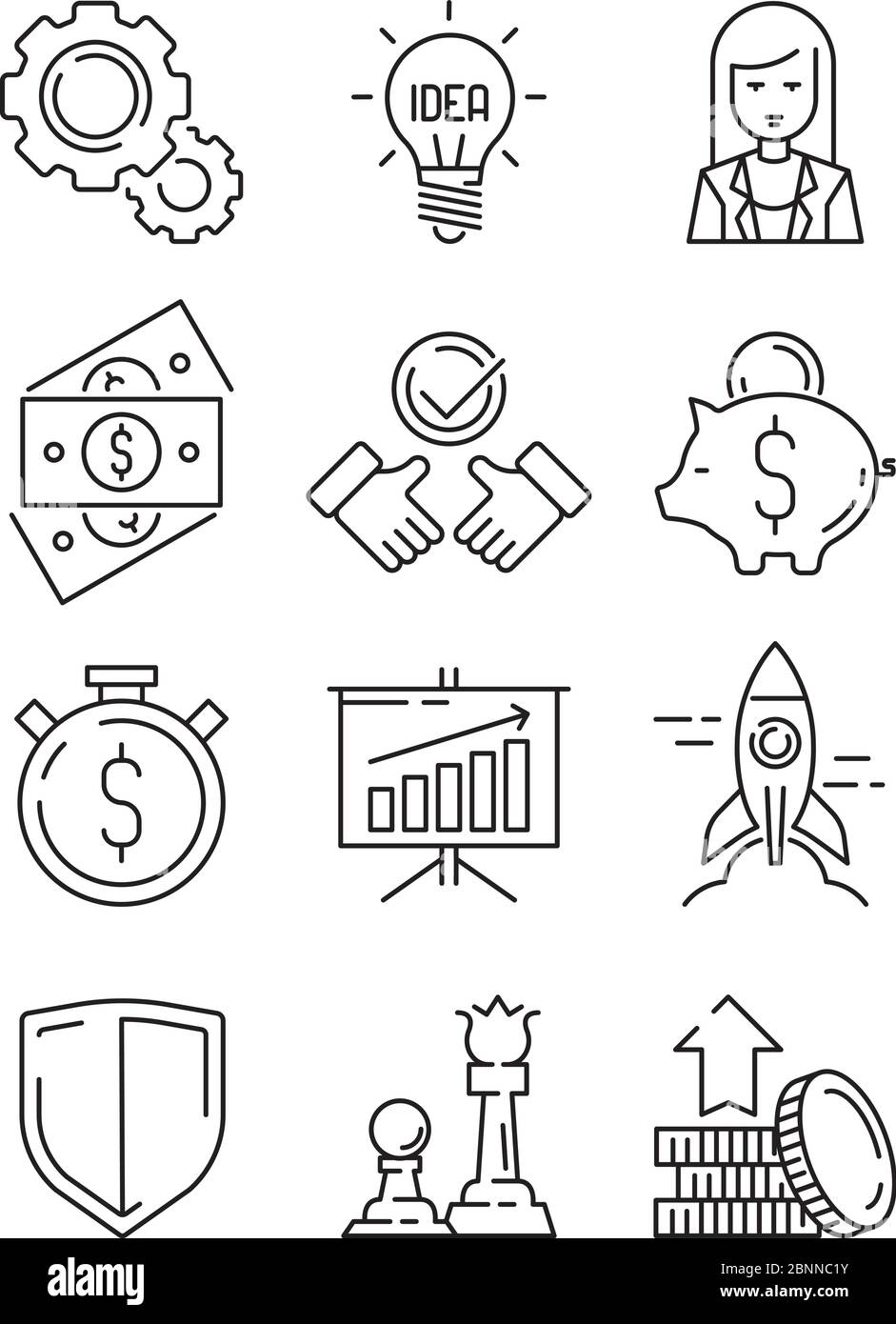 Symbole für Finanzlinien. Business-Symbole Team-Strategie und wirtschaftliche Unterstützung Web-Start-Vektor skizzieren Stock Vektor