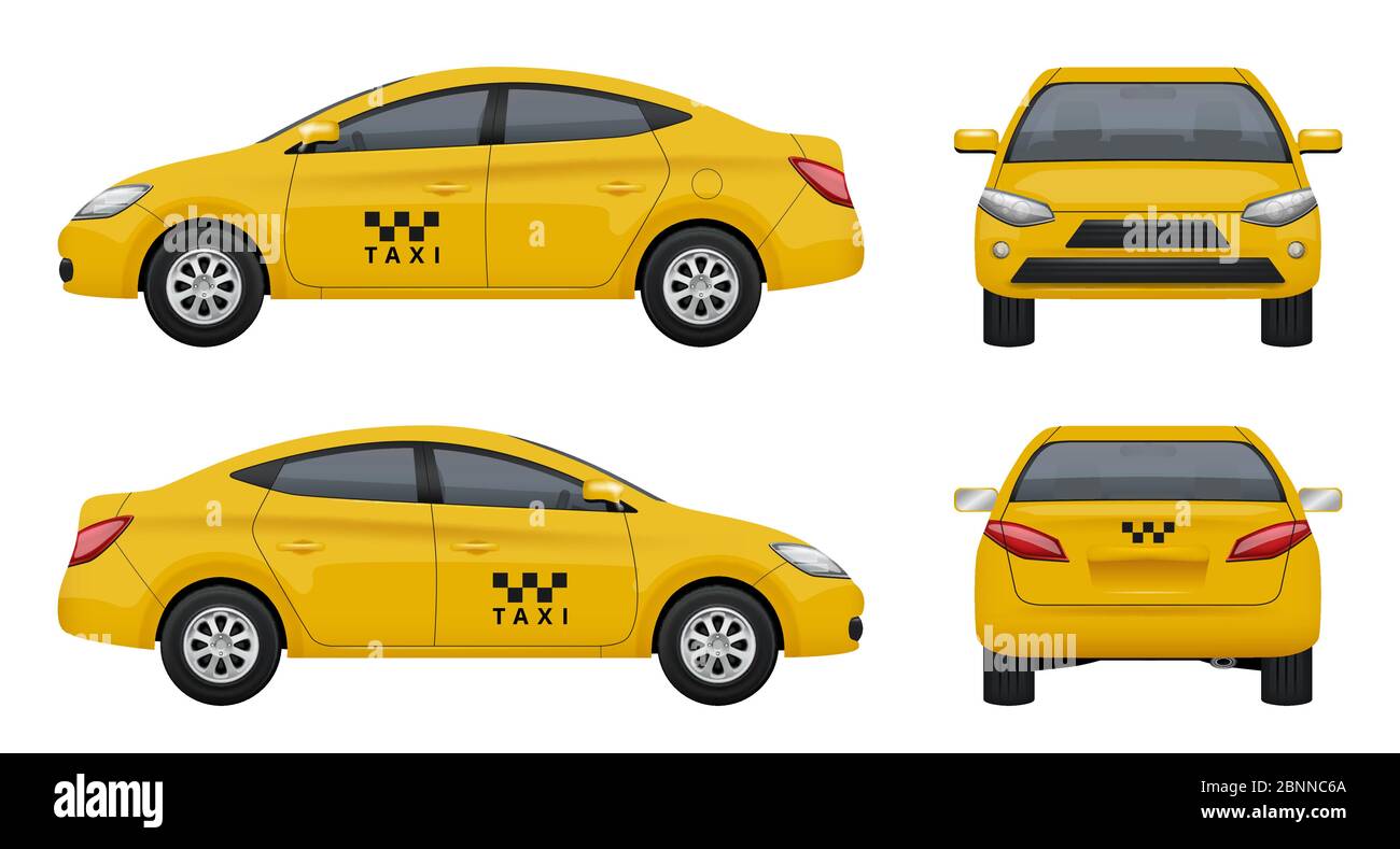 Taxi realistisch. Gelbe Stadt Auto Fahrzeug Branding Taxi oben links und rechts Vektor 3d-Bilder gesetzt isoliert Stock Vektor