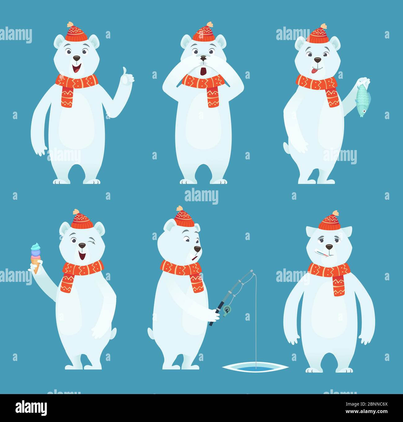 Eisbär Cartoon. Eis Schnee weiß lustig wild Tier in verschiedenen Posen Vektor-Zeichen Stock Vektor