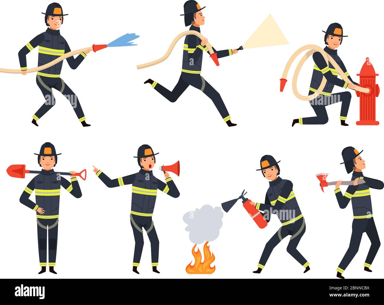 Feuerwehrfiguren. Rettung Feuerwehrmann Rettung Menschen helfen Wasser und Feuer Vektor Maskottchen in Aktion Posen Stock Vektor