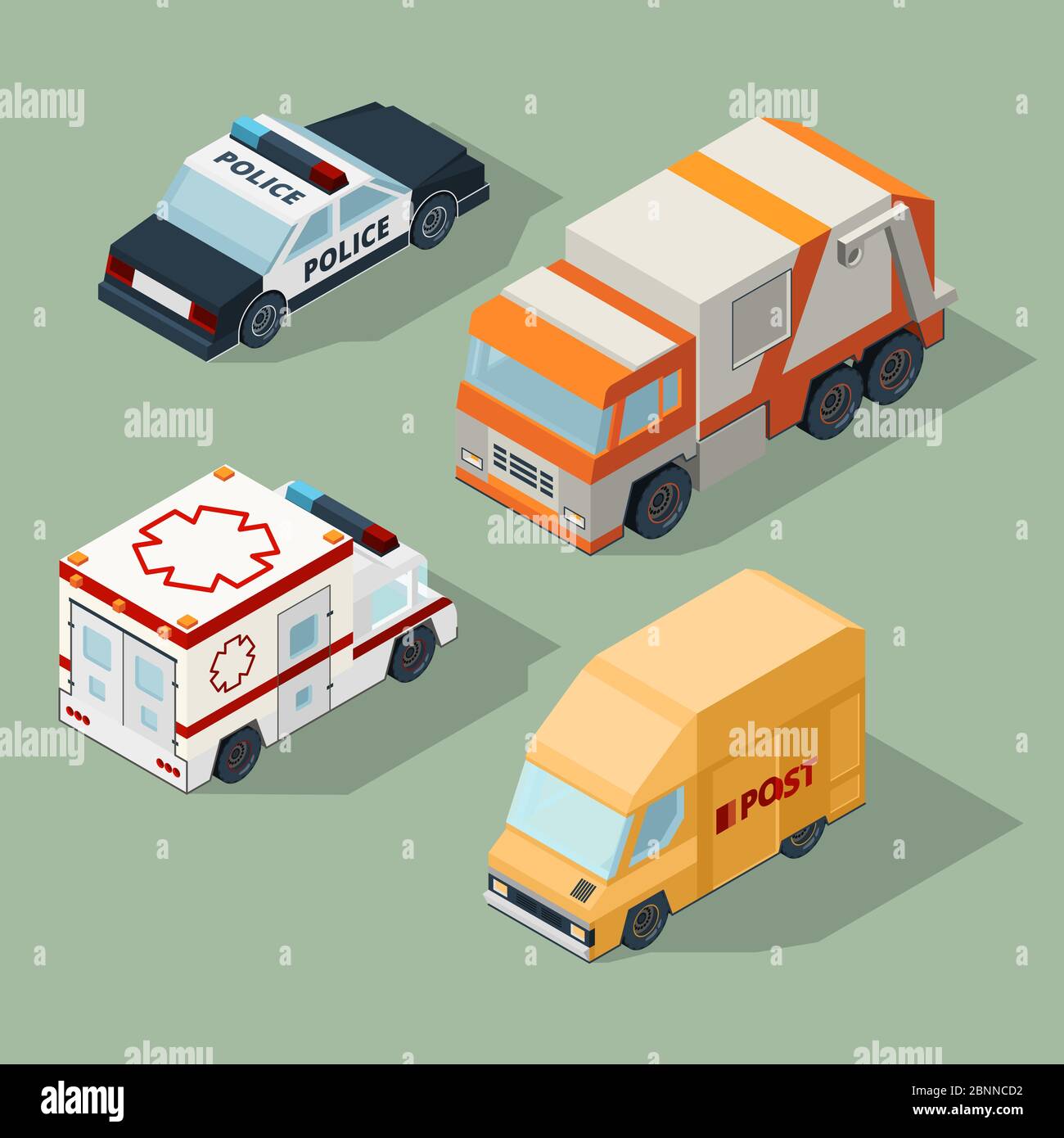 Stadtautos isometrisch. Müll LKW Mail van Polizei und Krankenwagen Vektor Stadtverkehr 3d-Illustrationen Stock Vektor