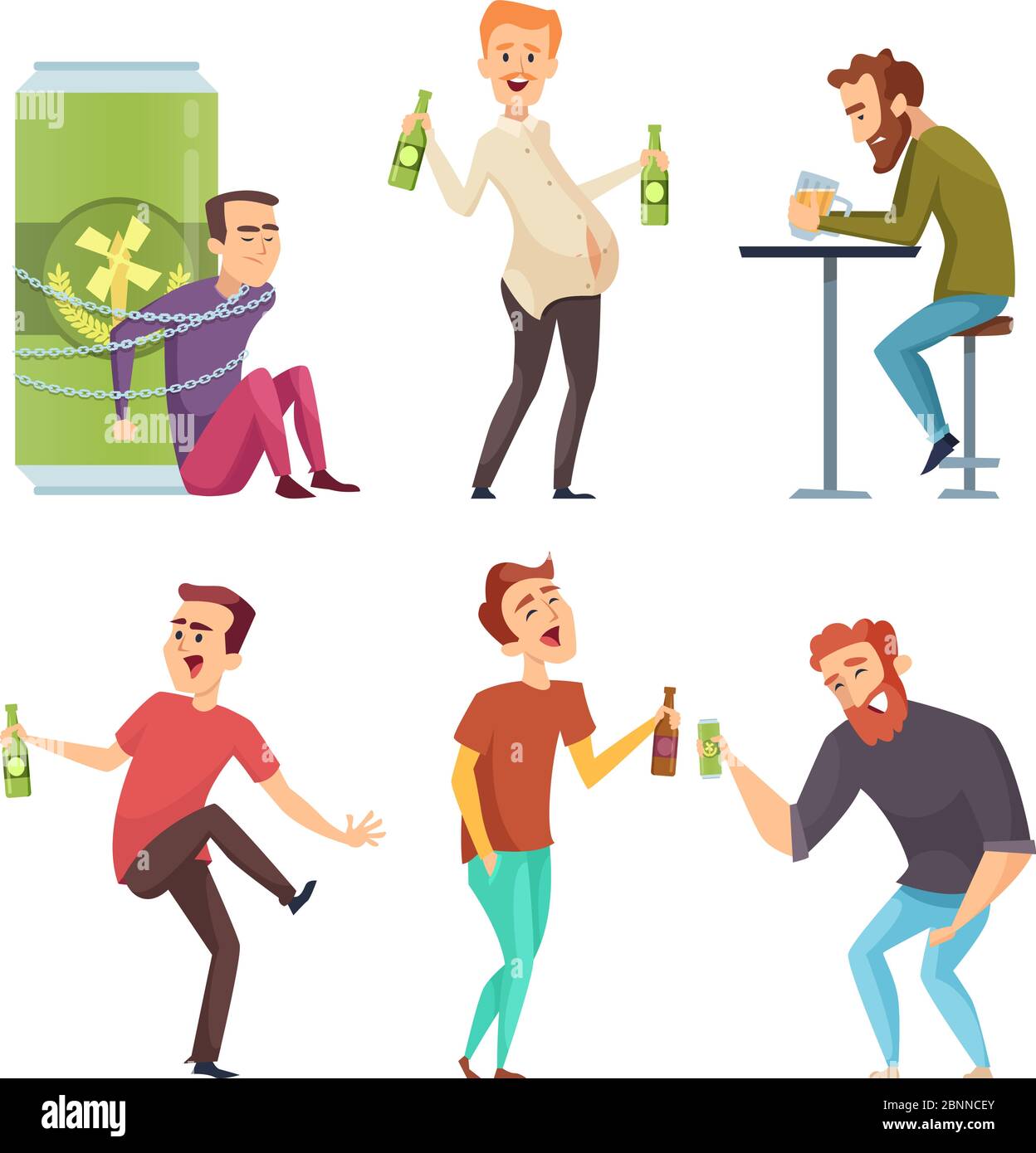 Alkoholischer Charakter. Missbrauch und süchtig Mann Drogen und Alkohol Vektor Cartoon Illustrationen Stock Vektor