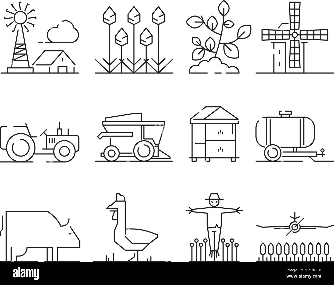 Lineares Farmsymbol. Landwirtschaftlichkeit Dorf Felder Weizen Symbole Vektor isoliert Stock Vektor