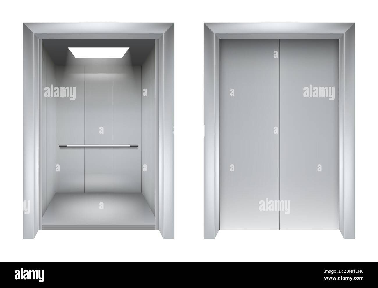Fahrstuhltüren. Schließen und Öffnen Aufzug metallic in Bürogebäude Vektor realistische 3d-Bilder Stock Vektor