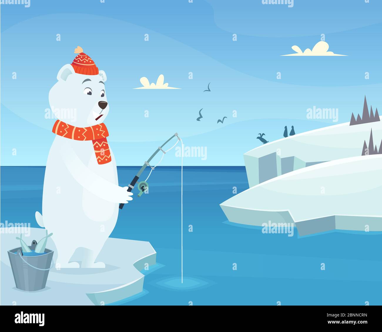 Hintergrund des weißen Bären. Eisberg Eis Winter Tier stehend Vektor-Figur im Cartoon-Stil Stock Vektor