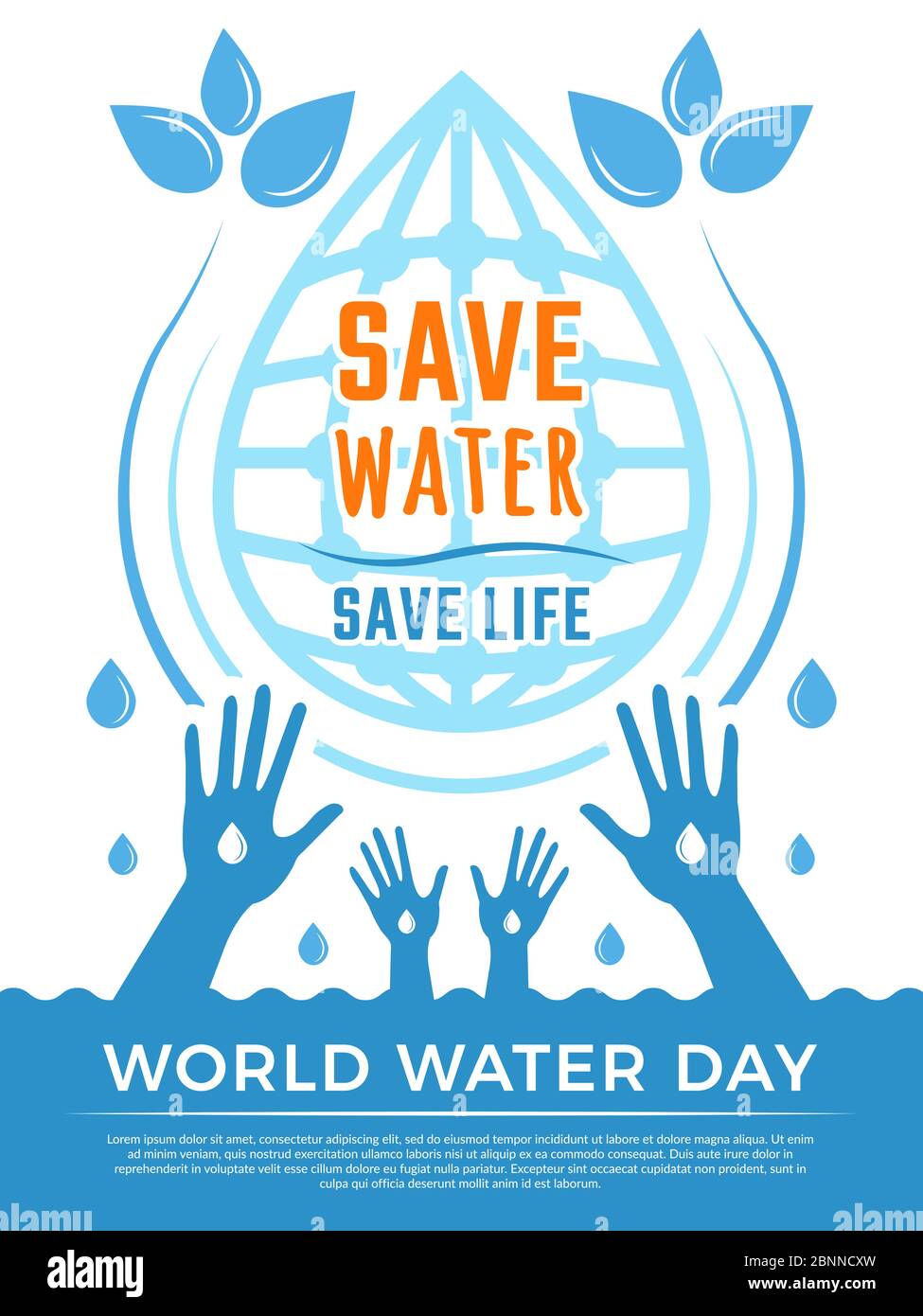 Sparen Sie Wasser. Aqua Liquid DROPS Healthcare Poster Vektor-Konzept Bild für Wasser Tag Stock Vektor