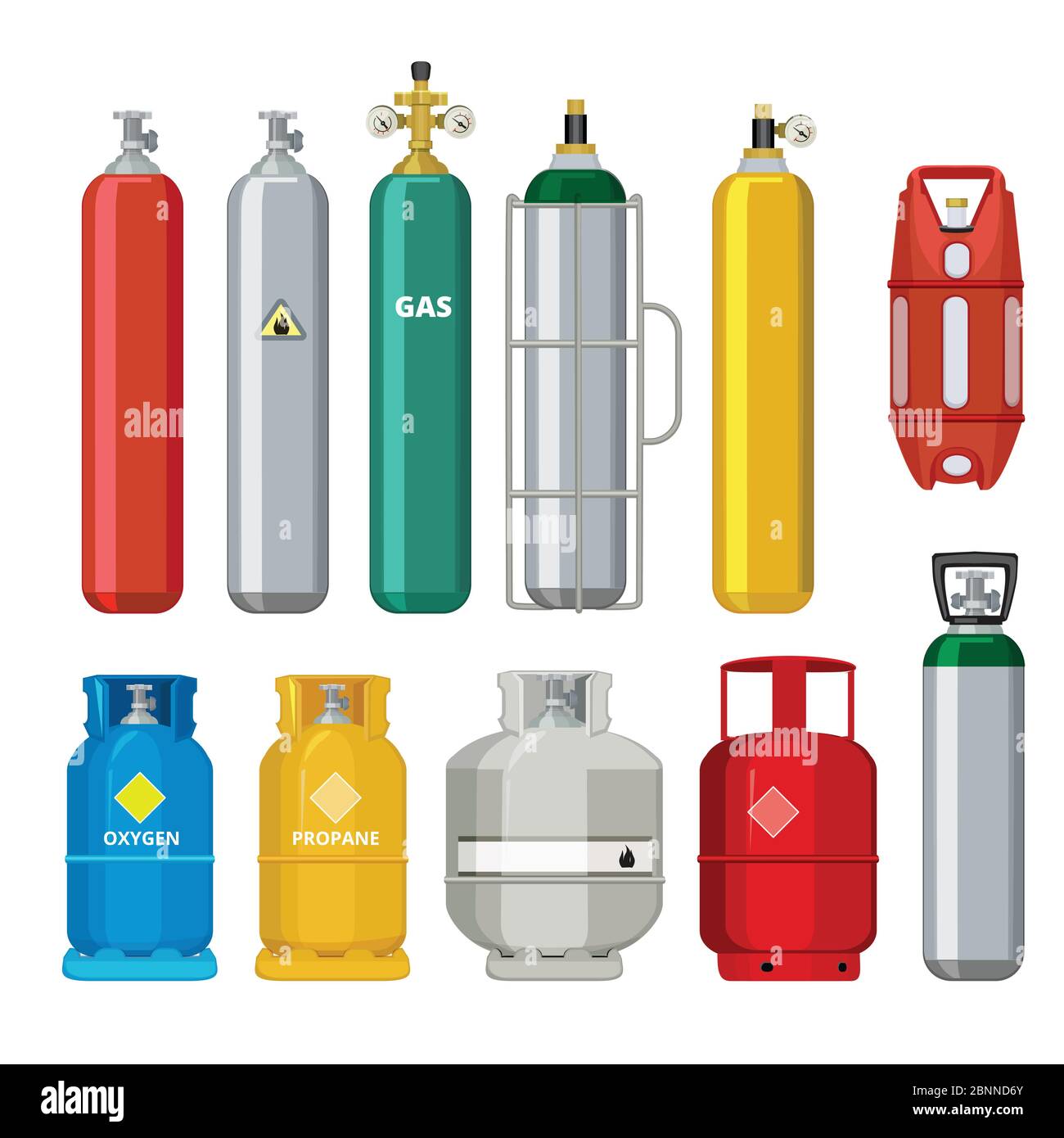 Symbole für Gasflaschen. Erdöl Sicherheit Kraftstoff Metall Tank von Helium Butan Acetylen Vektor Cartoon Objekte isoliert Stock Vektor