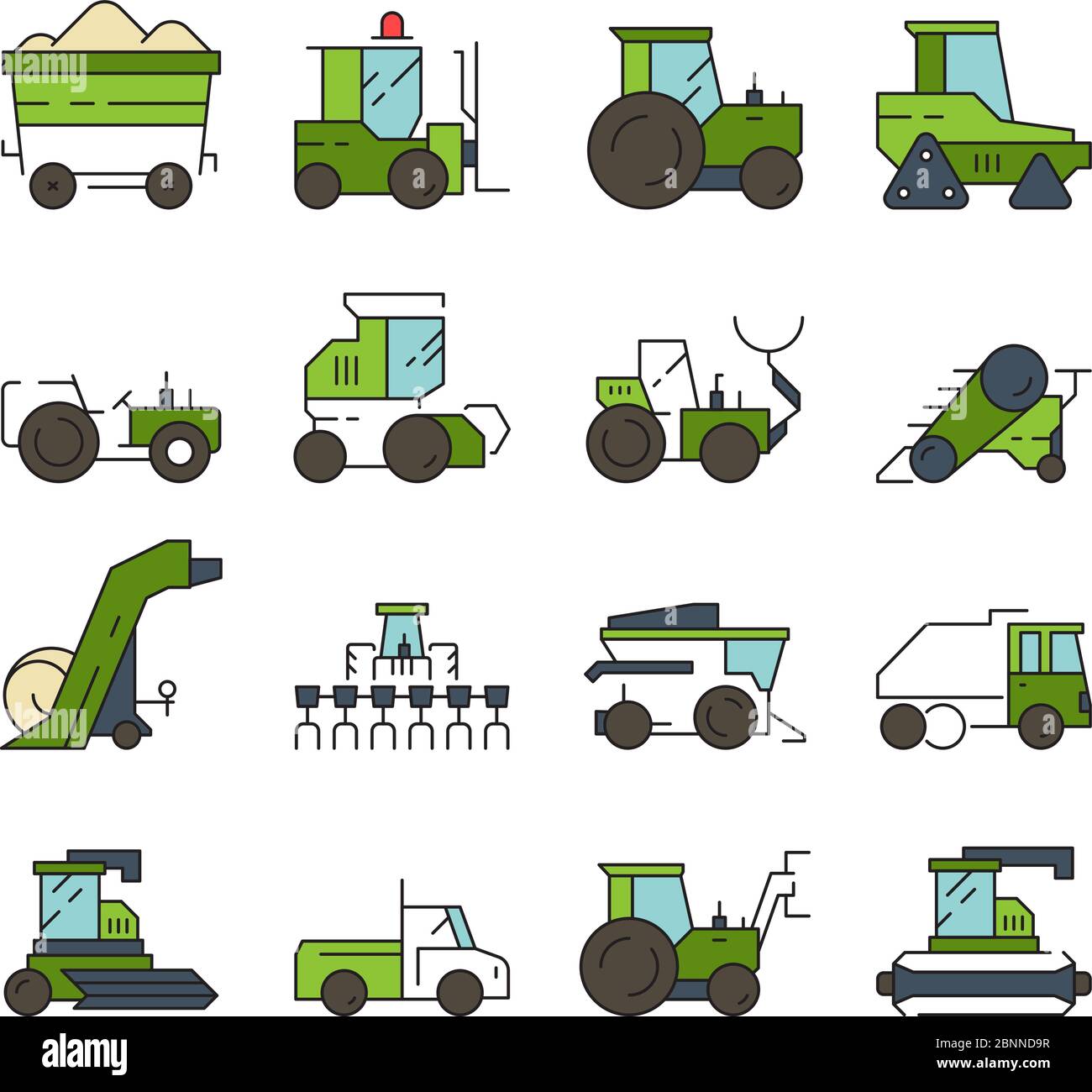 Transport zum Dorf. Bauernhof Maschinen und Technik schwere Bagger Loader Bulldozer Harvester Traktor Vektor Automotive Ausrüstung Stock Vektor