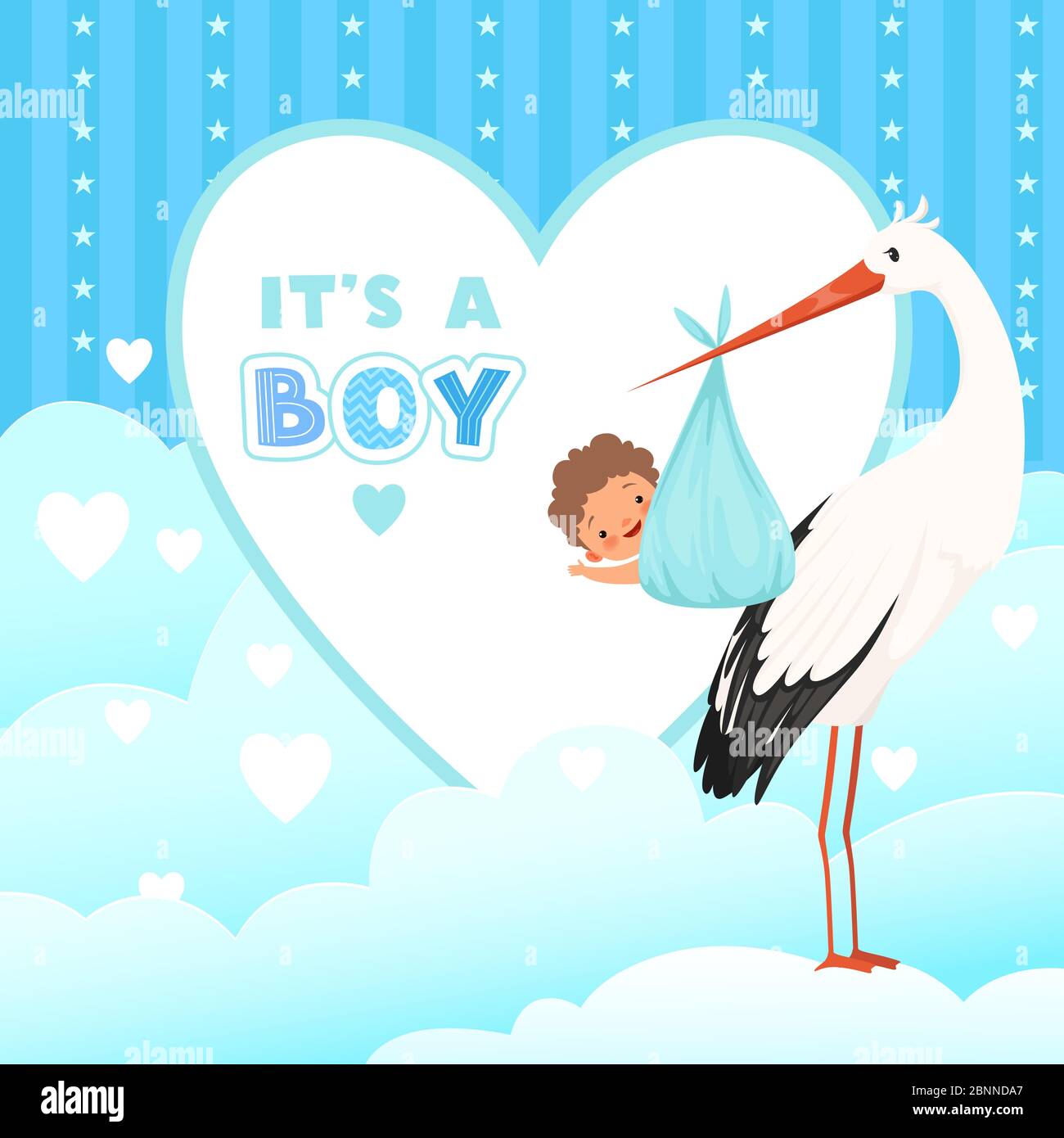Duschkarte mit Storch. Fliegender Vogel mit neugeborenem Baby Geschenk. Vektor Cartoon Hintergrund für Etiketten Abzeichen Stock Vektor