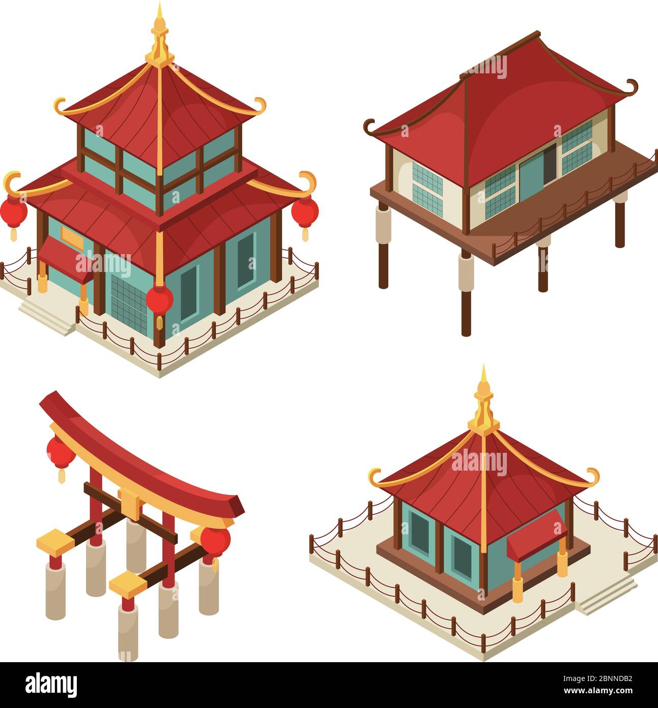 Asiatische Gebäude isometrisch. Chinesisches Tor traditionelle japanische Häuser Pagode Dach shintoismus Vektor 3d Architektur Bilder Stock Vektor