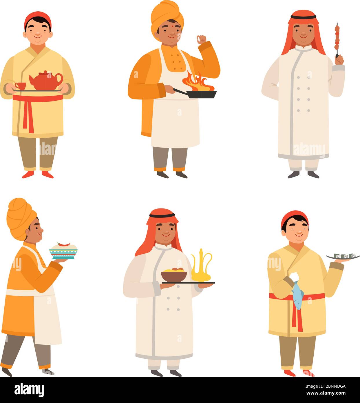 Traditionelle Kochfiguren. Koch bei verschiedenen Nationalitäten asiatische schwarz indische und arabische Küche in Küche Vektor Maskottchen Stock Vektor
