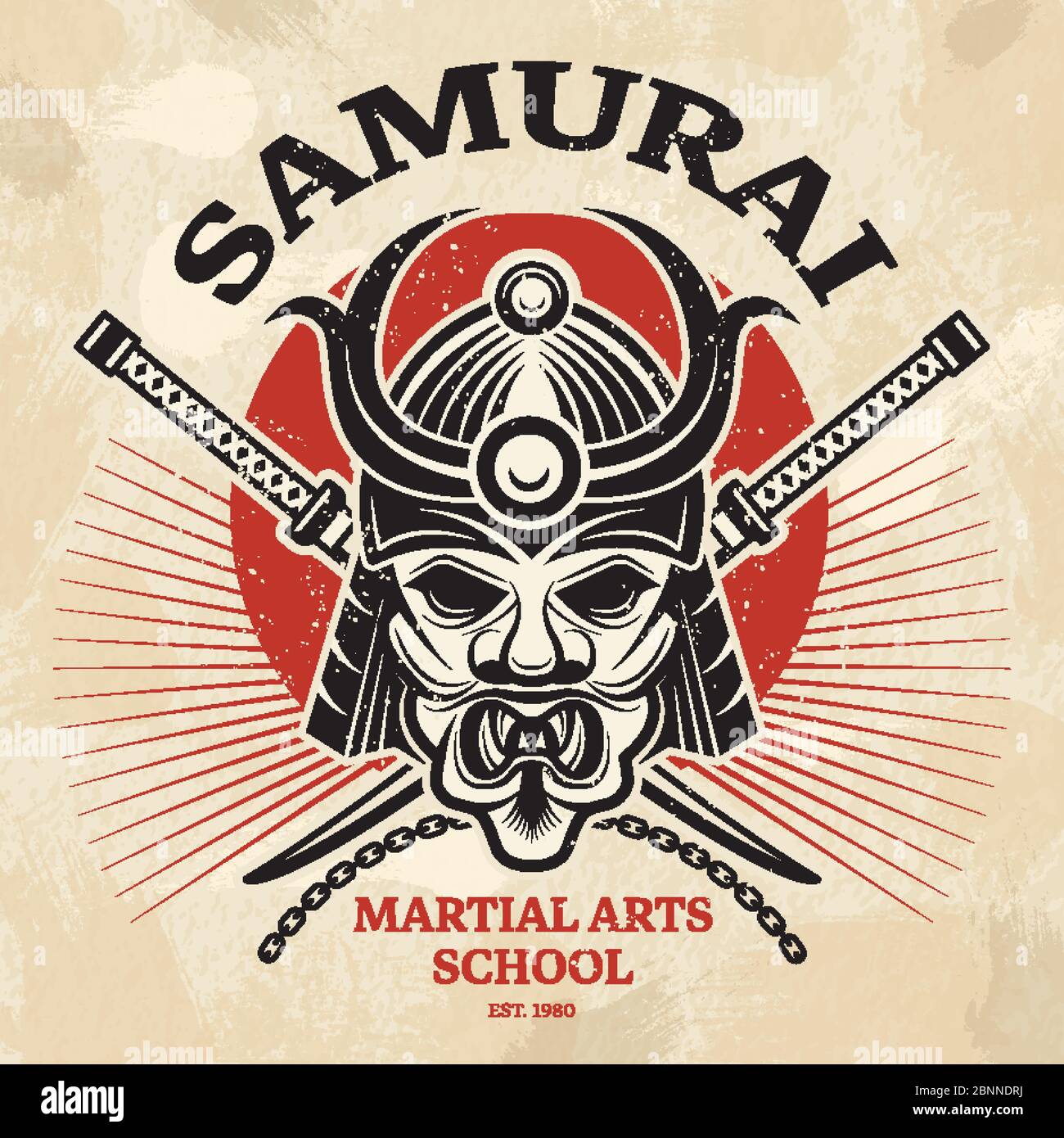 Japanisches Martial Poster. Agressive asiatische Krieger Maske für Rüstung Helm Tauwerk katana Schwert Vektor Plakat Design Stock Vektor