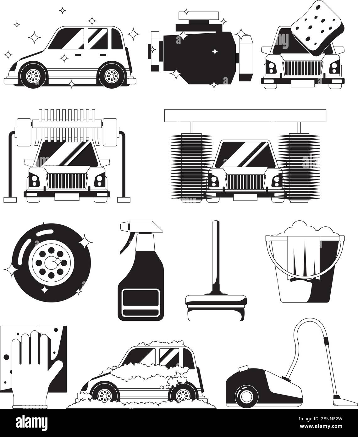 Waschen Sie trocken Auto Service. Waschen Schwamm Wasser sauber Blasen Auto Schaum Schwamm schwarz Vektor Silhouetten Stock Vektor