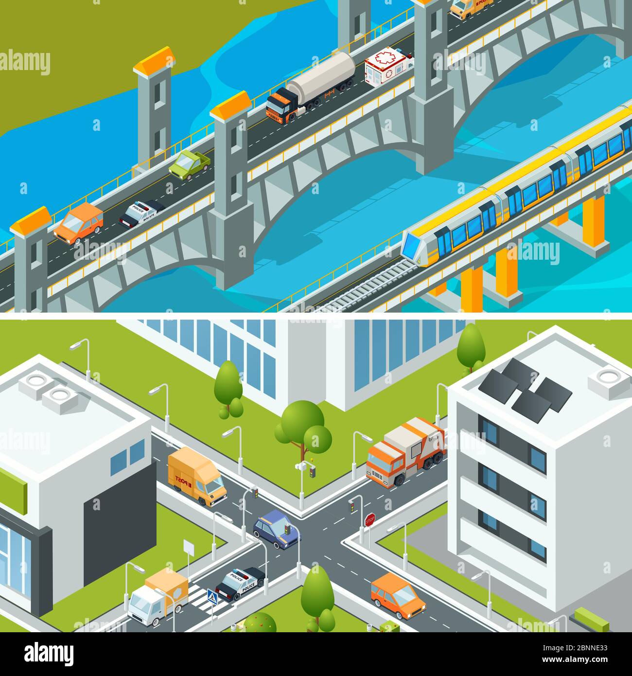 Autobahnkreuz Verkehr. Städtische Landschaft isometrisch mit verschiedenen Fahrzeugen Autos Busse beschäftigt Stadt Vektor 3d-Illustration Stock Vektor