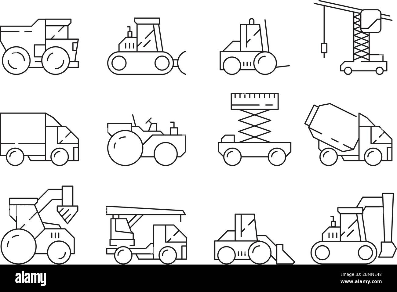 Baumaschine. Planierraupe schweren LKW Kran Harvester Fahrzeug für den Bau Vektor lineare Symbole gesetzt Stock Vektor