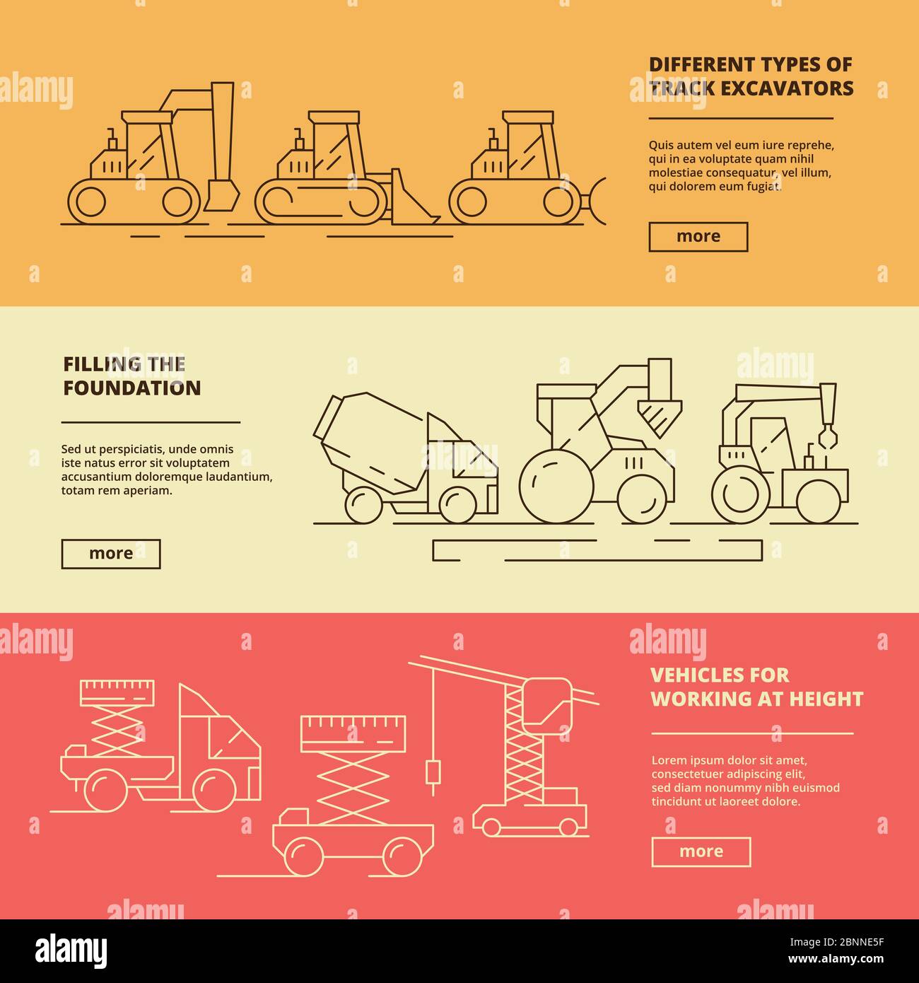 Banner für Baumaschinen. Bauindustrie schwere Fahrzeug LKW Bulldozer heben Kran Vektor Design Vorlage Stock Vektor