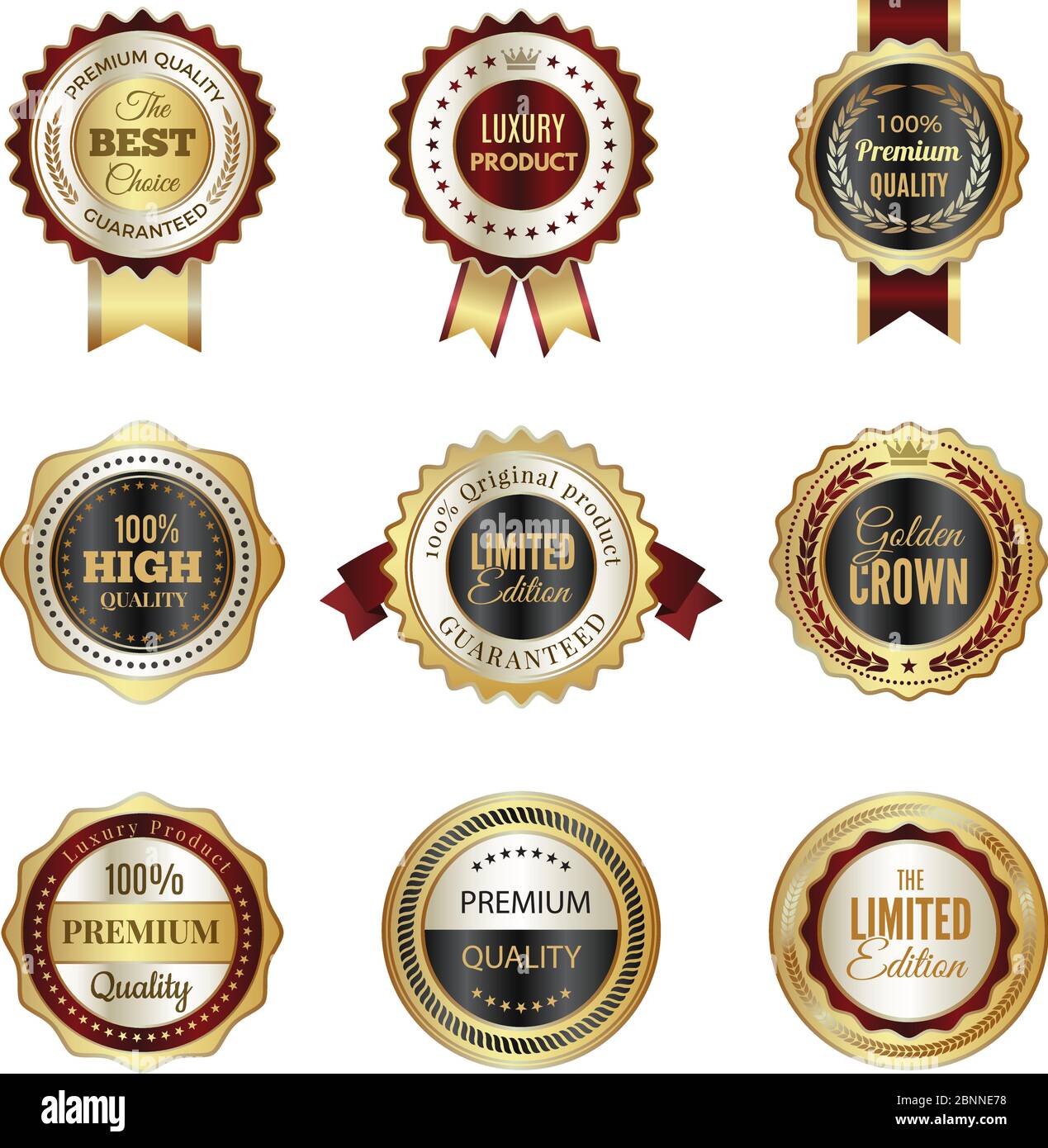 Goldene Etiketten. Premium Service Krone Luxus beste Wahl Stempel Vorlagen Vektor-Design von farbigen Logos Stock Vektor