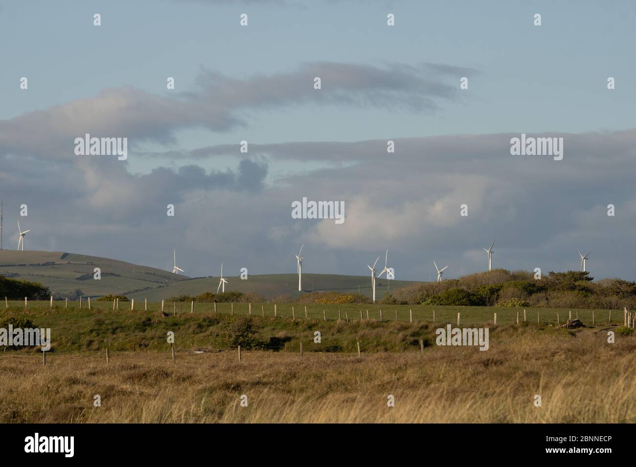 Sandscale Hawes National Nature Reserve, Barrow-in-Furness, Cumbria, Großbritannien. Mai 2020. Wetter in Großbritannien. Ein kalter Nordwestwind vor der Irischen See mit Sonnenschein und blauem Himmel von der Cumbrian Coast. Blick auf die Windräder auf den Furness Fells über dem Dorf Kirby von Sandscale Hawes an der Cumbrian Coast aus gesehen. Credit:Greenburn/Alamy Live News. Stockfoto