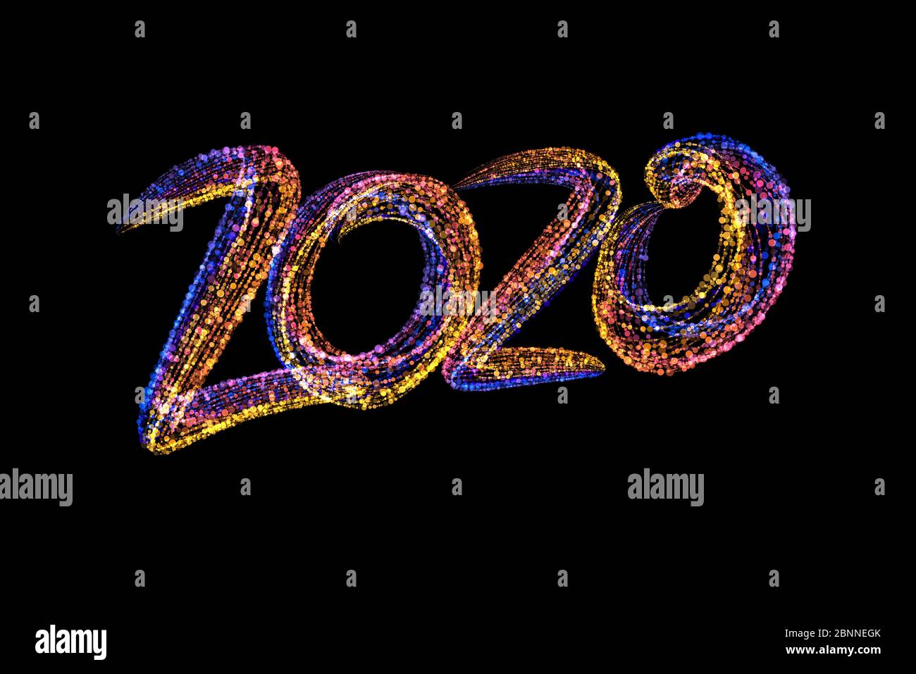 Frohes neues Jahr 2020 isolierte Zahlen Schriftzug von bunten Konfetti Teilchen geschrieben. Auf schwarzem Hintergrund isolieren Stockfoto