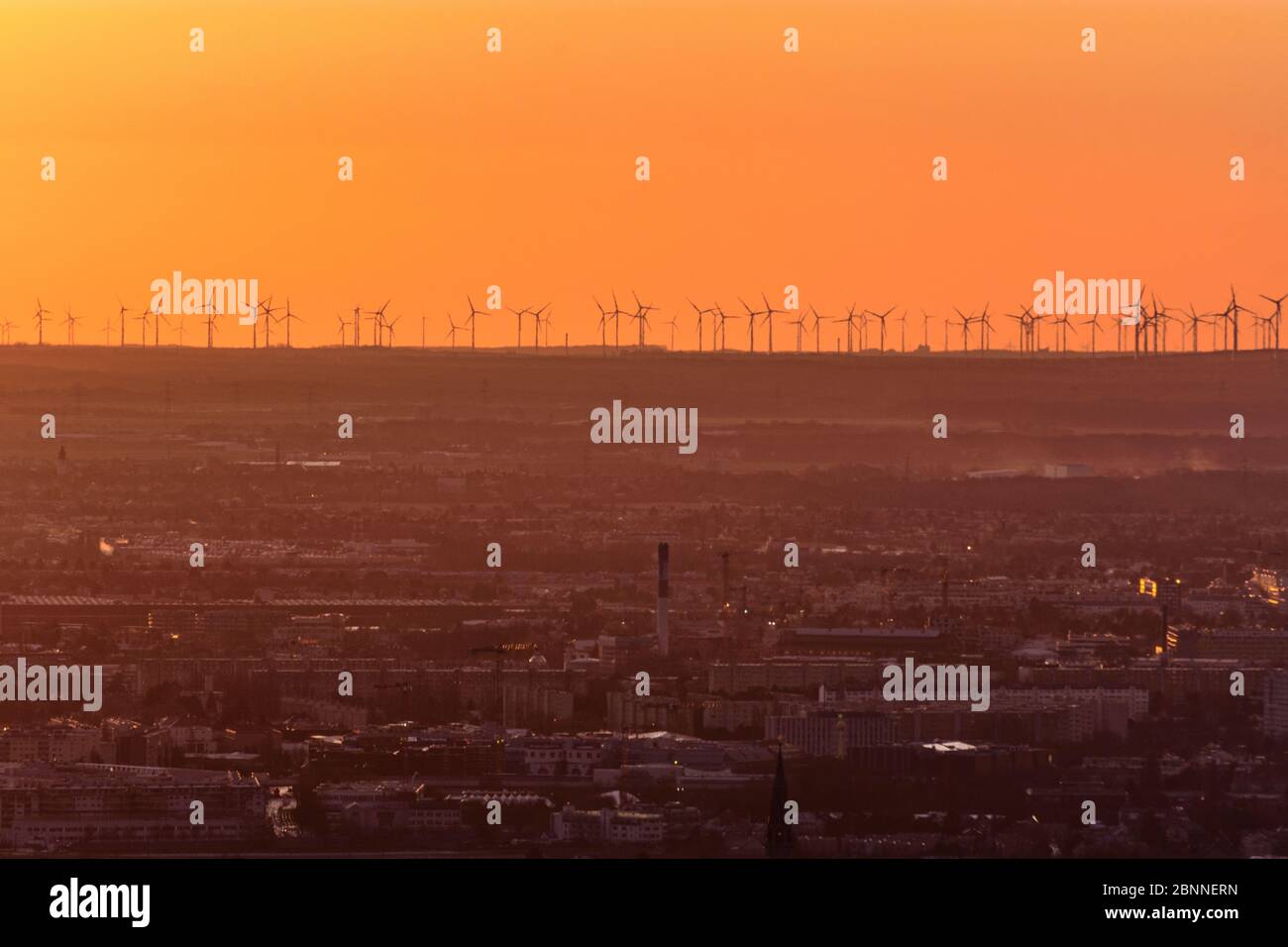 Wien, Windturbinen in Marchfeld bei Sonnenaufgang, Übersicht, Österreich Stockfoto