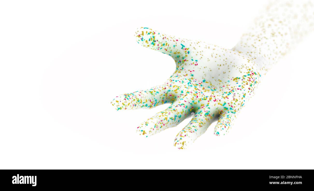 Verschiedene Bakterien und Krankheitserreger auf der menschlichen Hand, die Mikrobiota der Haut, 3d-Abbildung. Stockfoto