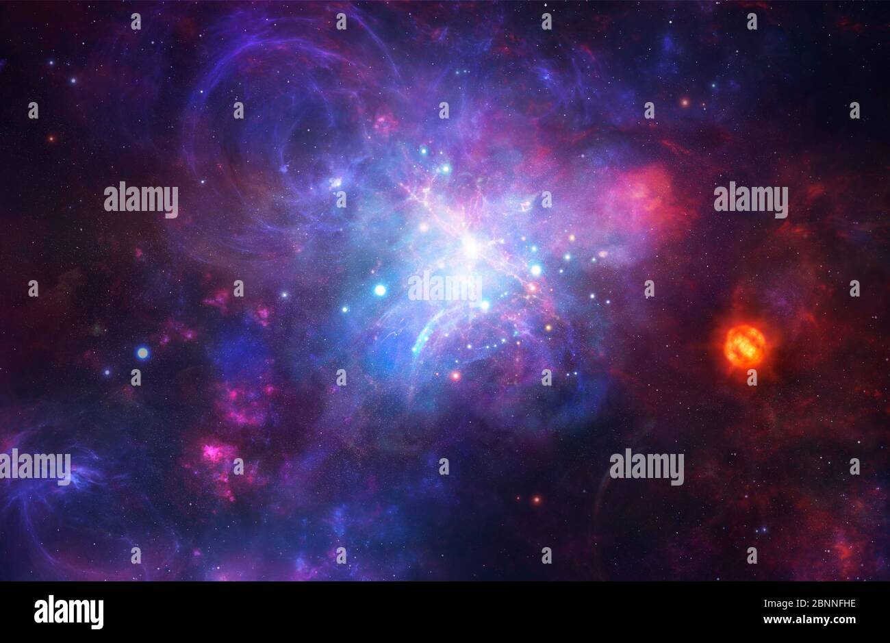 Illustration einer Protogalaxie oder einer Urgalaxie. Es waren sehr frühe, riesige Gaswolken, die sich zu den ersten Galaxien bildeten. Es wird angenommen, dass die Geschwindigkeit der Sternentstehung während dieser Periode der galaktischen Evolution bestimmt, ob eine Galaxie eine Spiralgalaxie oder eine elliptische Galaxie ist; eine langsamere Sternentstehung tendiert dazu, eine Spiralgalaxie zu produzieren. Die kleineren Gasklumpen bilden sich in einer Protogalaxie zu Sternen. Stockfoto