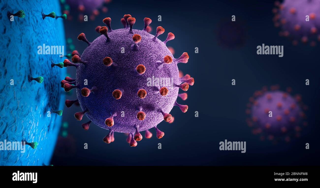 Virus Partikel mit Zelle interagieren, 3d-Abbildung. Stockfoto
