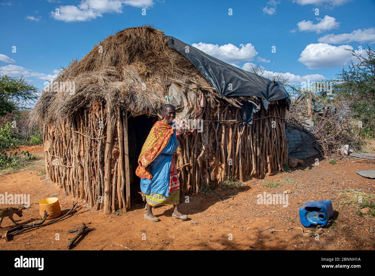 Maasai Frau in traditioneller Kleidung verlässt ihr Haus aus Schlamm, Kuhdung, Stöcken und Gras in einem Manyatta gemacht Stockfoto