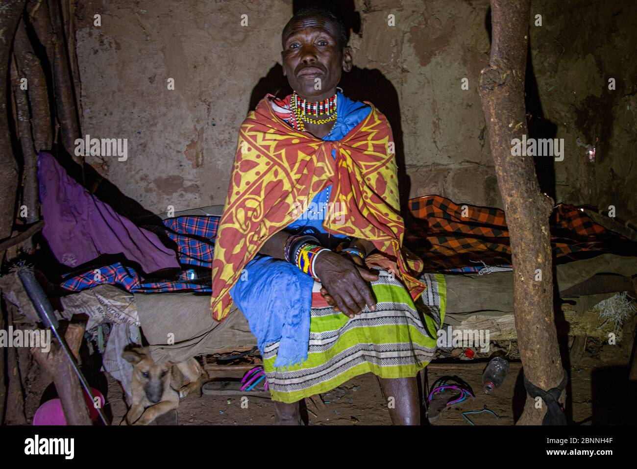 Ältere Maasai Frau in ihrem traditionellen Schlammhaus sitzt auf dem Bett ihres Mannes Stockfoto