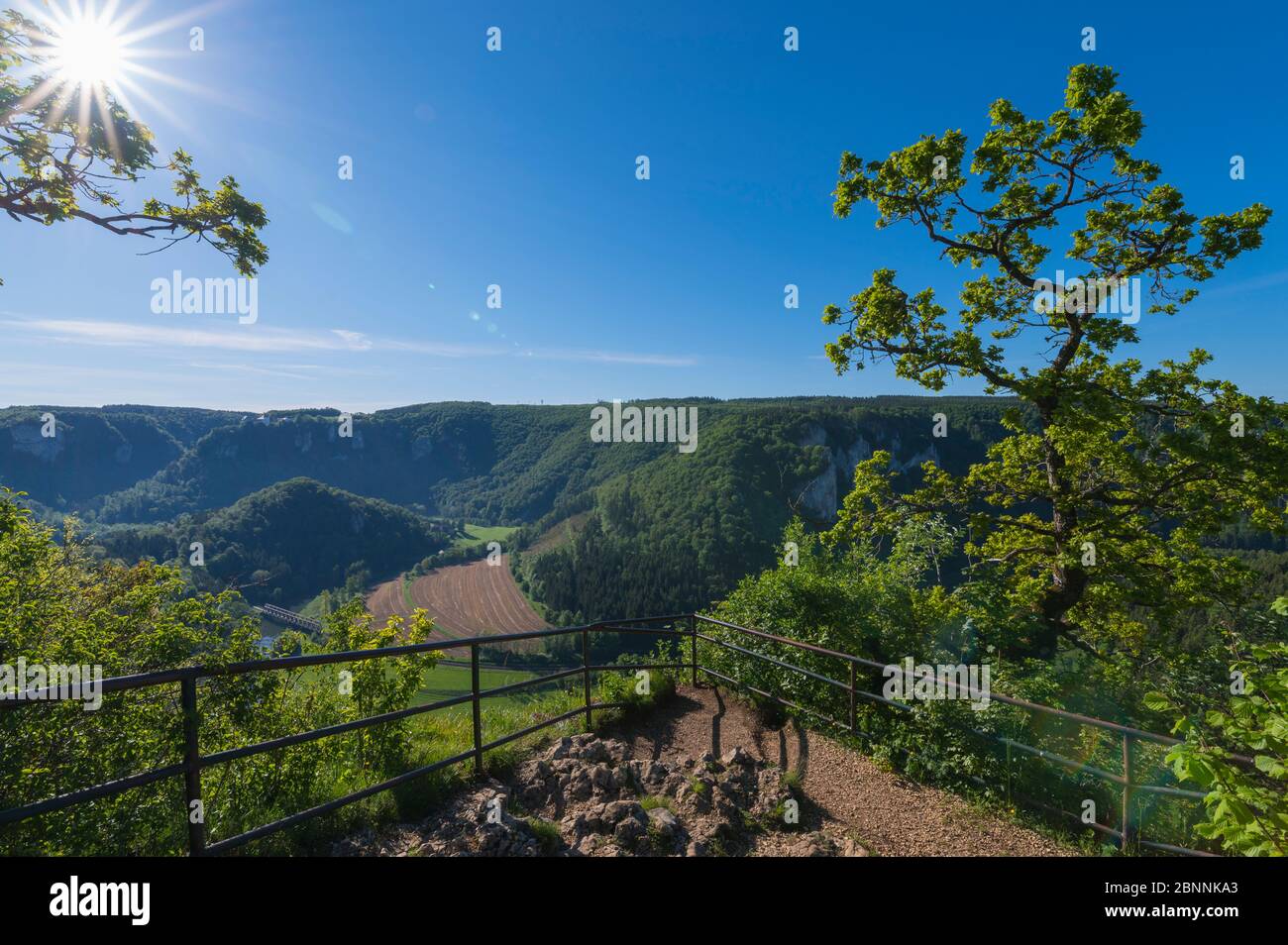 Aussichtspunkt an der donau mit Sonne im Frühling, Oberes Donautal (Oberes Donautal), Beuron, Irndorf, Schwäbische Alb, Baden-Württemberg, Deutschland Stockfoto