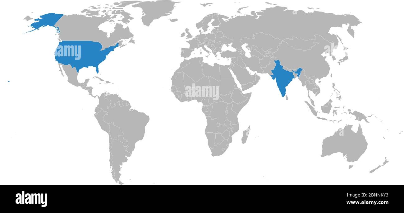 Indien, US-Karte blau auf Weltkarte Vektor hervorgehoben. Grauer Hintergrund. Perfekt für Hintergründe, Hintergrund, Geschäftskonzepte, Präsentation, Diagramme und wa Stock Vektor