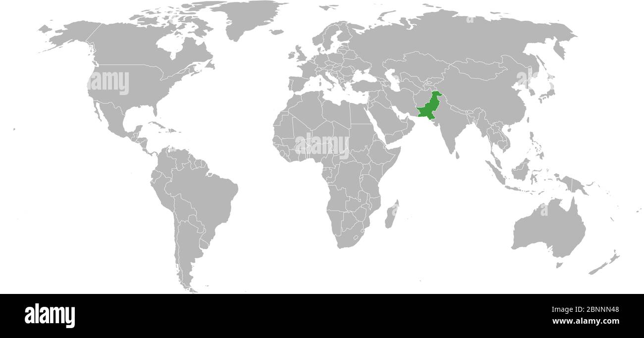 Pakistan Karte auf der Weltkarte grün markiert. Hellgrauer Hintergrund. Asiatisches Land. Stock Vektor