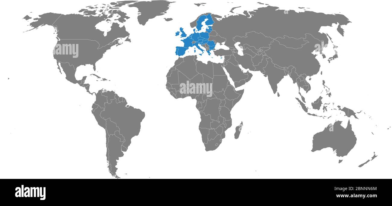 Europäische Union blau auf Weltkarte Vektor hervorgehoben. Grauer Hintergrund. Perfekt für geschäftliche Hintergründe, Hintergrund, Diagramm, Präsentation, Bildung und w Stock Vektor
